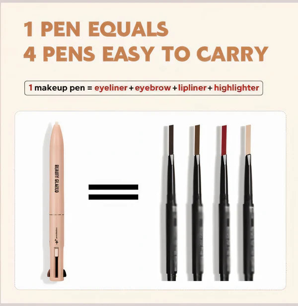 4 In 1 Waterproof Makeup Pen (Eyebrow Pencil, Long Lasting Easy Lip Color, Highlighter, Eyeliner Pen)