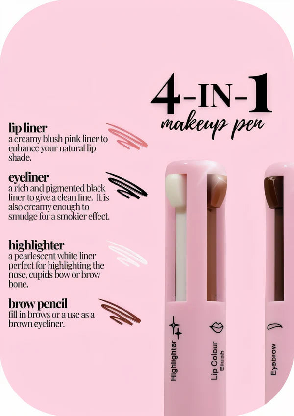 4 In 1 Waterproof Makeup Pen (Eyebrow Pencil, Long Lasting Easy Lip Color, Highlighter, Eyeliner Pen)
