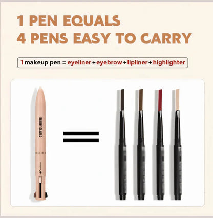 4 In 1 Waterproof Makeup Pen (Eyebrow Pencil, Long Lasting Easy Lip Color, Highlighter, Eyeliner Pen)